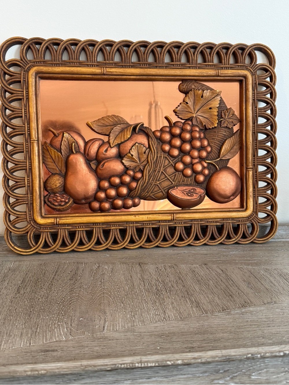 vintage mid-century modern 3D cornucopia fruit wall plaque by Coppercraft Guild